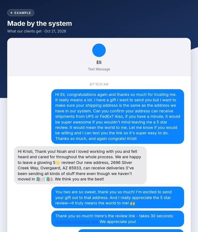 A real example: Closing gift + Google review ask